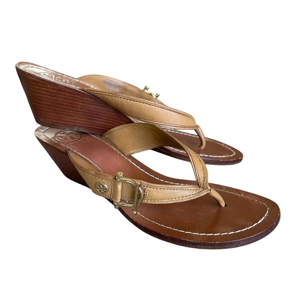TORY BURCH Nora Mestico Size 7.5 Brown Tan Leather Slip-On Thong Wedge Sandals
